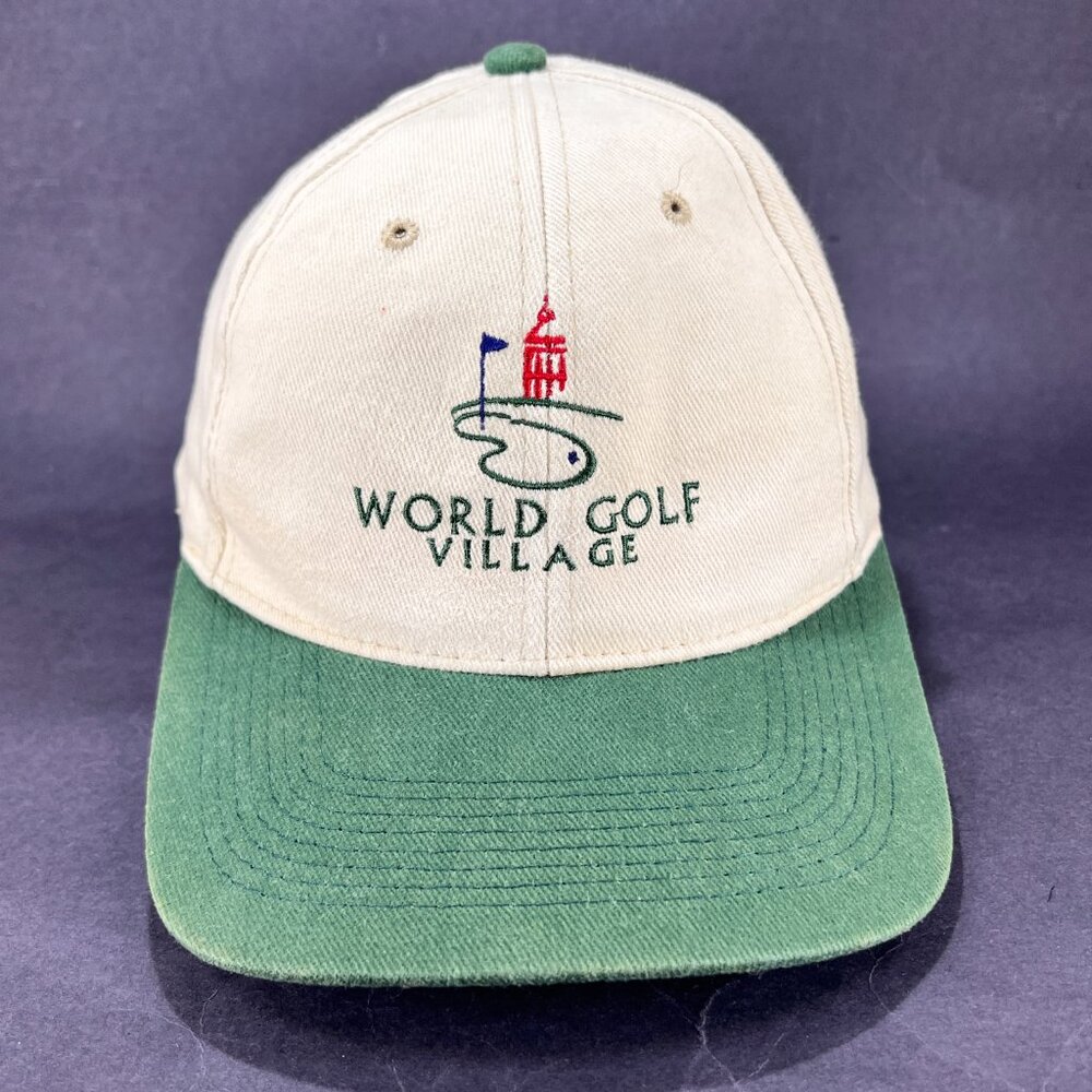 World Golf Village Strap Back Hat Cap Kudzu Beige Athletic Outdoor Golfing Mens